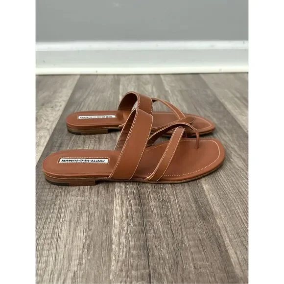 MANOLO BLAHNIK  Brown Leather Sandals - Picture 4 of 9